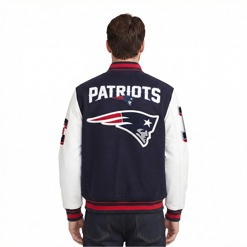 NFL NEW ENGLAND PATRIOTS MASHUP MEN'S RIB WOOL VARSITY JACKET (MIDNIGHT NAVY/RED/MIDNIGHT NAVY)