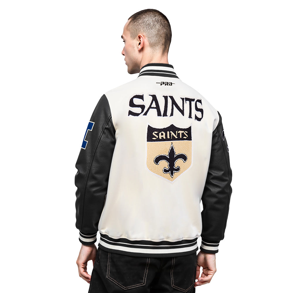 NFL NEW ORLEANS SAINTS RETRO CLASSIC MEN'S RIB WOOL VARSTIY JACKET (EGGSHELL/ BLACK)