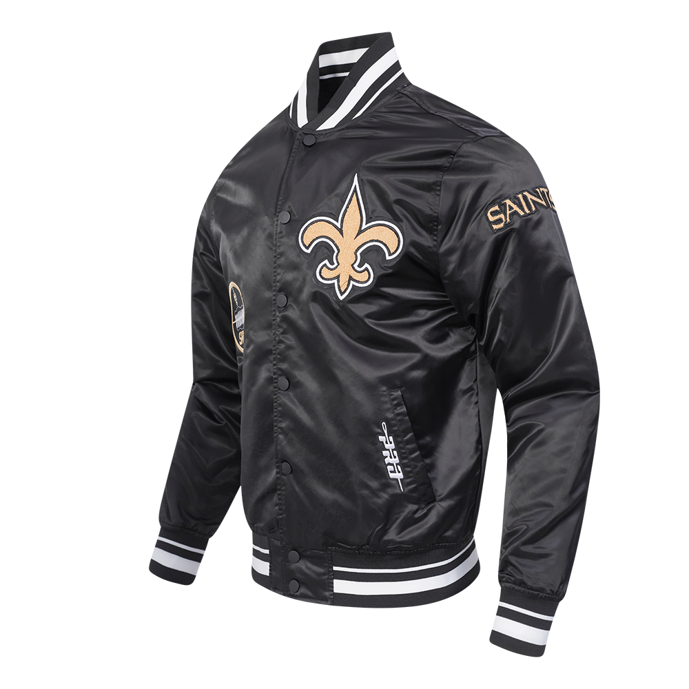 NFL NEW ORLEANS SAINTS OLD ENGLISH MEN'S RIB SATIN JACKET (BLACK)