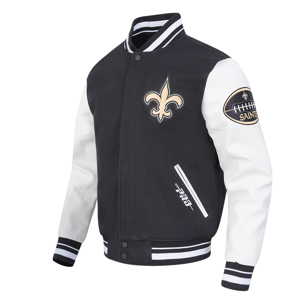 NFL NEW ORLEANS SAINTS OLD ENGLISH MEN'S RIB WOOL VARSITY JACKET (BLACK/WHITE)