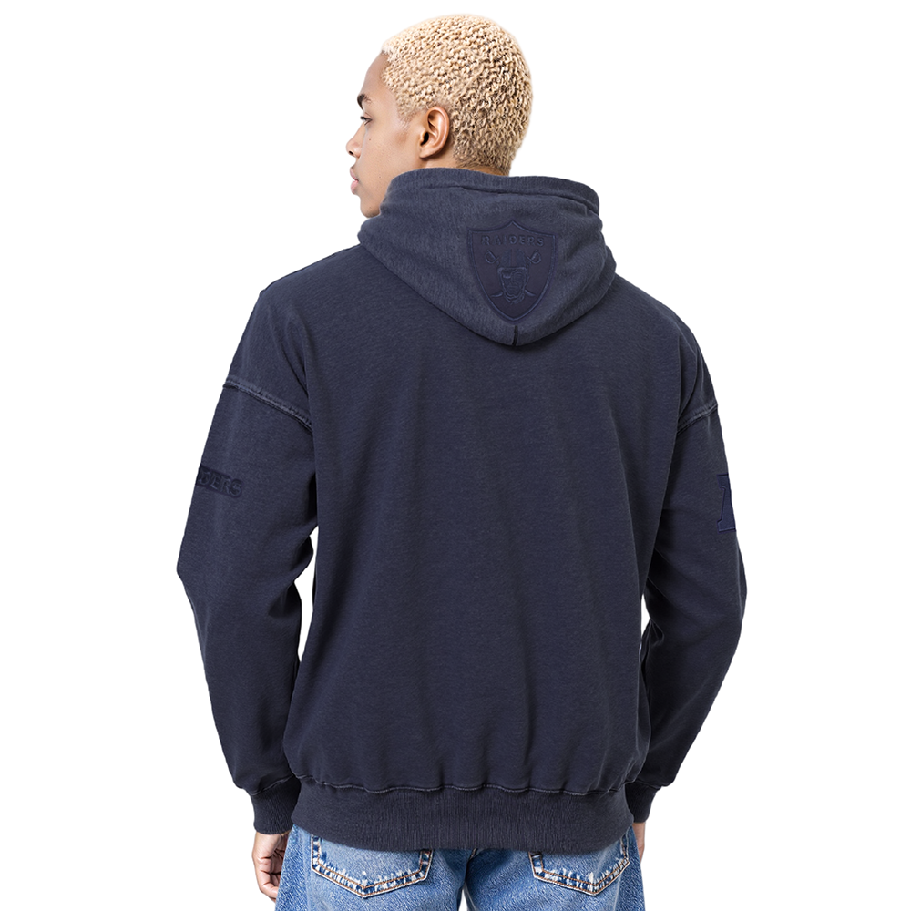NFL LAS VEGAS RAIDERS WASHED CLASSIC MEN'S ENZYME WASH DROP SHOULDER FT PO HOODIE (WASHED MIDNIGHT NAVY)