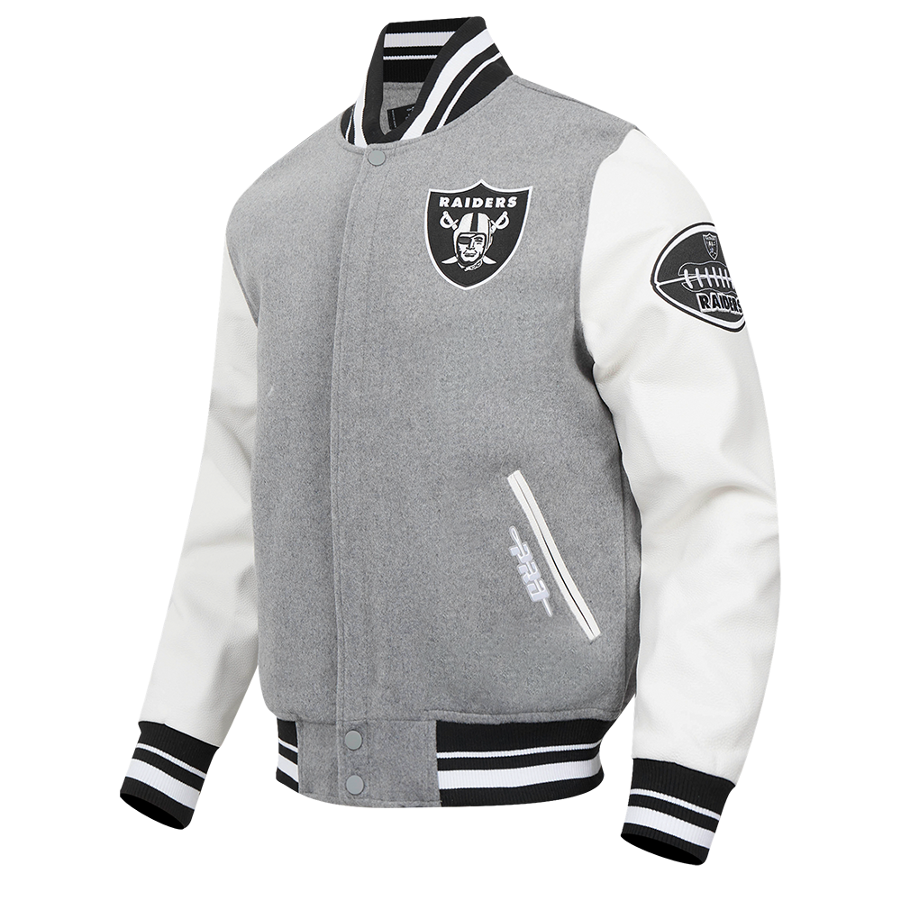 NFL LAS VEGAS RAIDERS OLD ENGLISH MEN'S RIB WOOL VARSITY JACKET (HEATHER GREY/WHITE/BLACK)