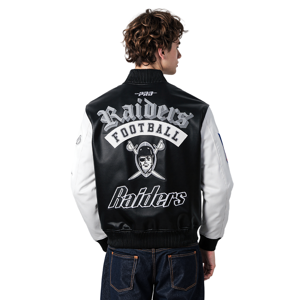 NFL LAS VEGAS RAIDERS BEST OF MEN'S LEATHER VARSITY JACKET (BLACK/WHITE)