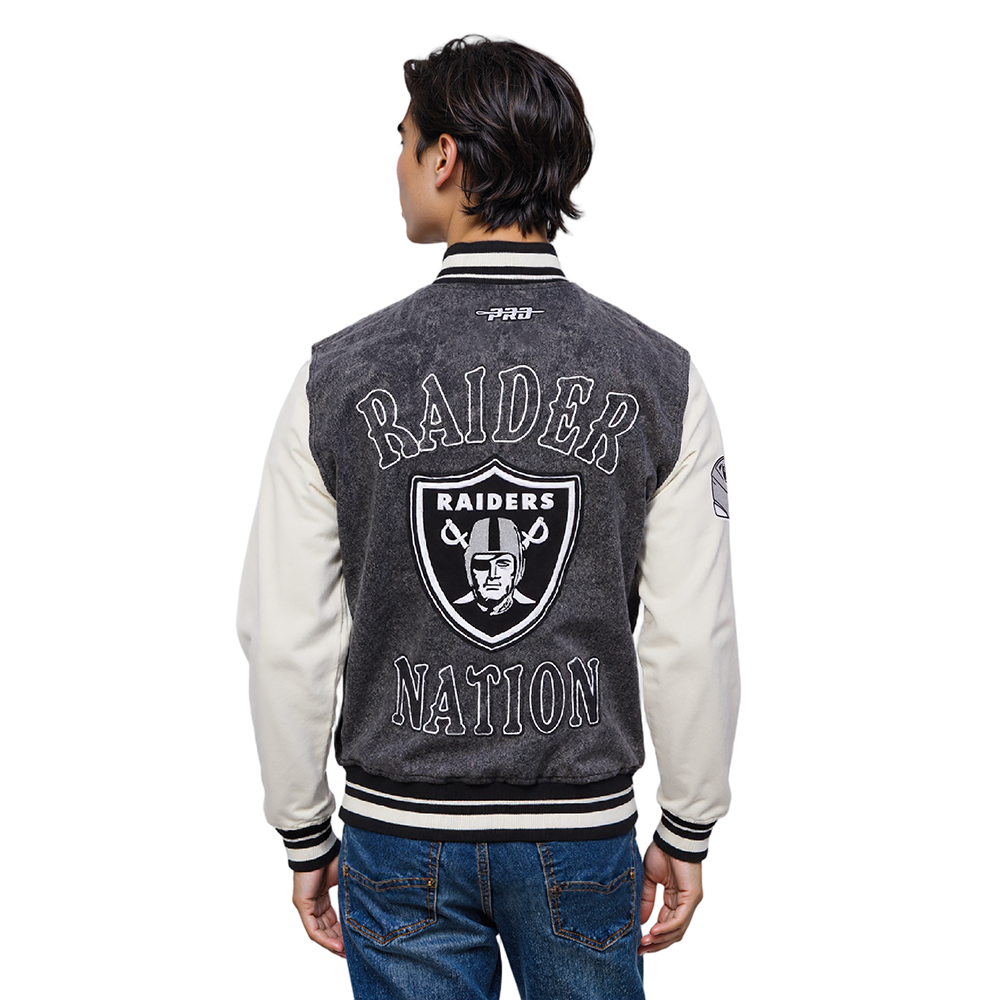 NFL LAS VEGAS RAIDERS REBEL ATHLETICS MEN'S DENIM VARSITY JACKET (WASHED BLACK/EGGSHELL)