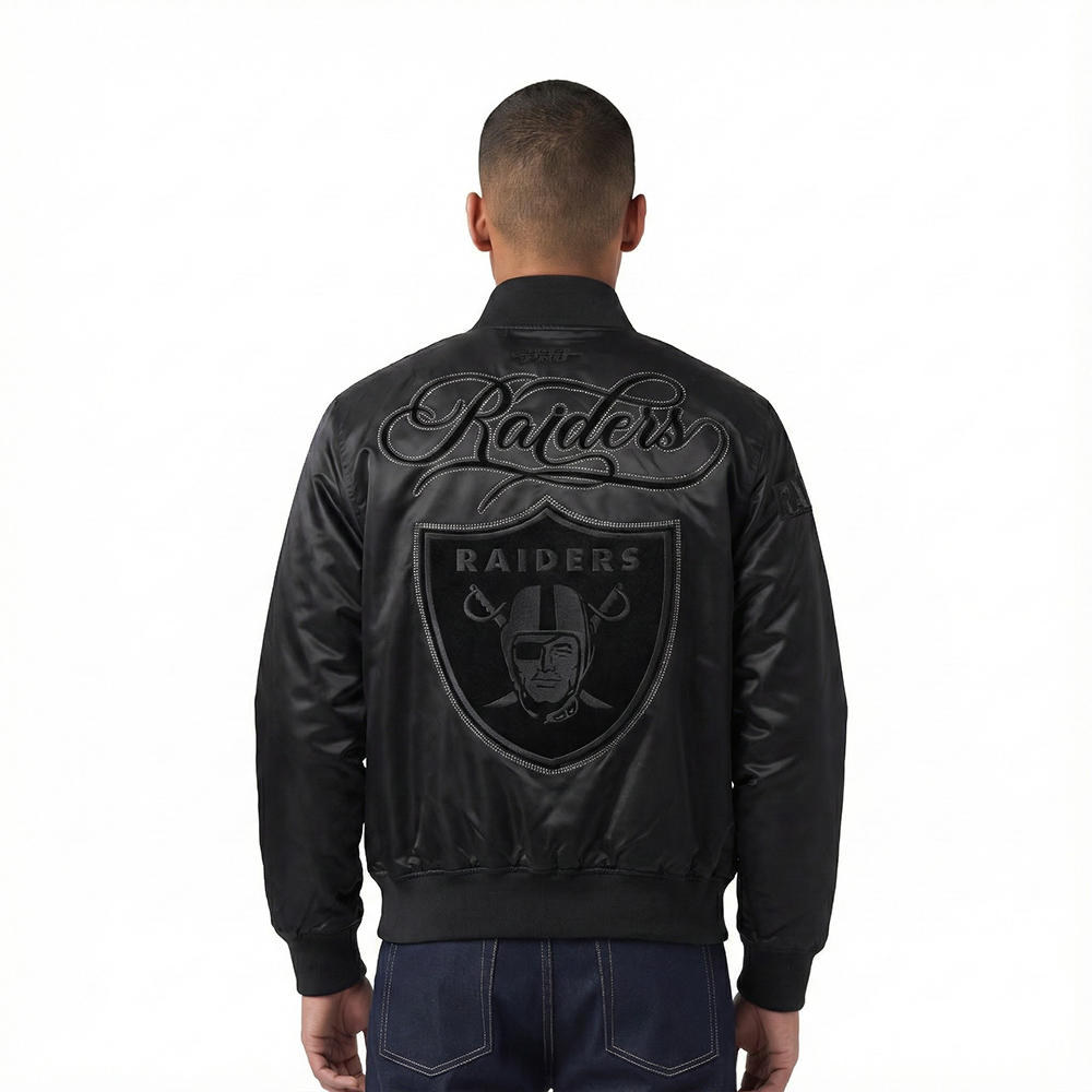 NFL LAS VEGAS RAIDERS BLACKOUT MEN'S SATIN JACKET (BLACK)