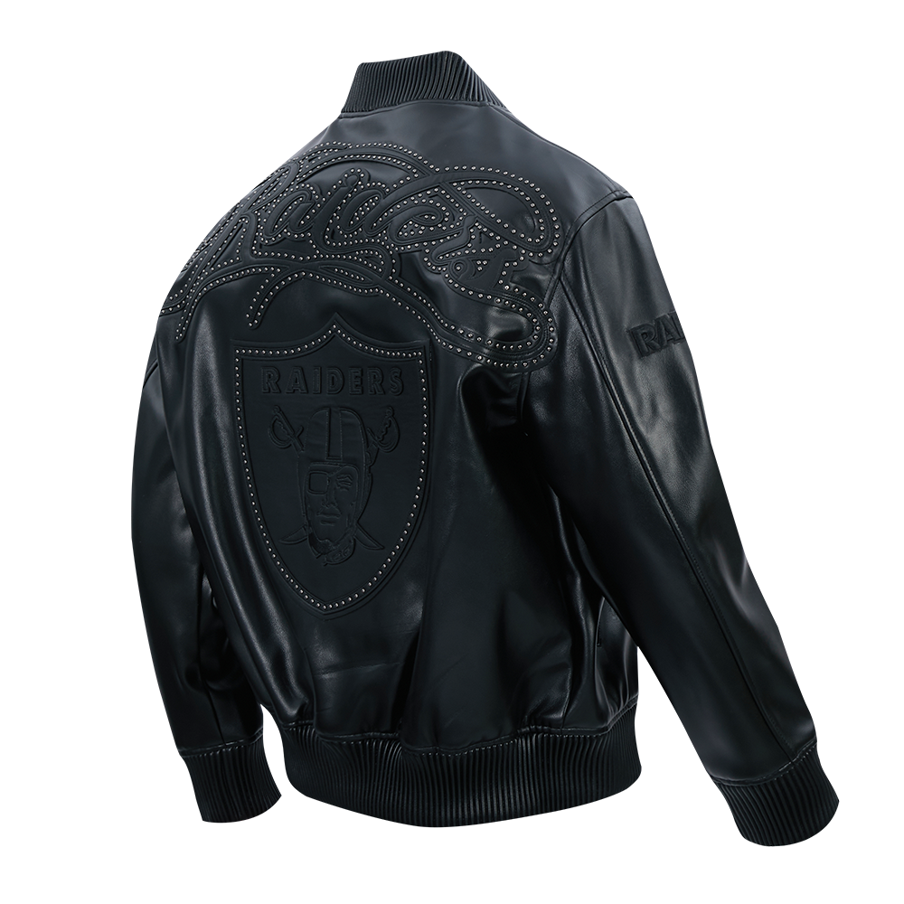 NFL LAS VEGAS RAIDERS BLACKOUT MEN'S LEATHER VARSITY JACKET (JET BLACK)