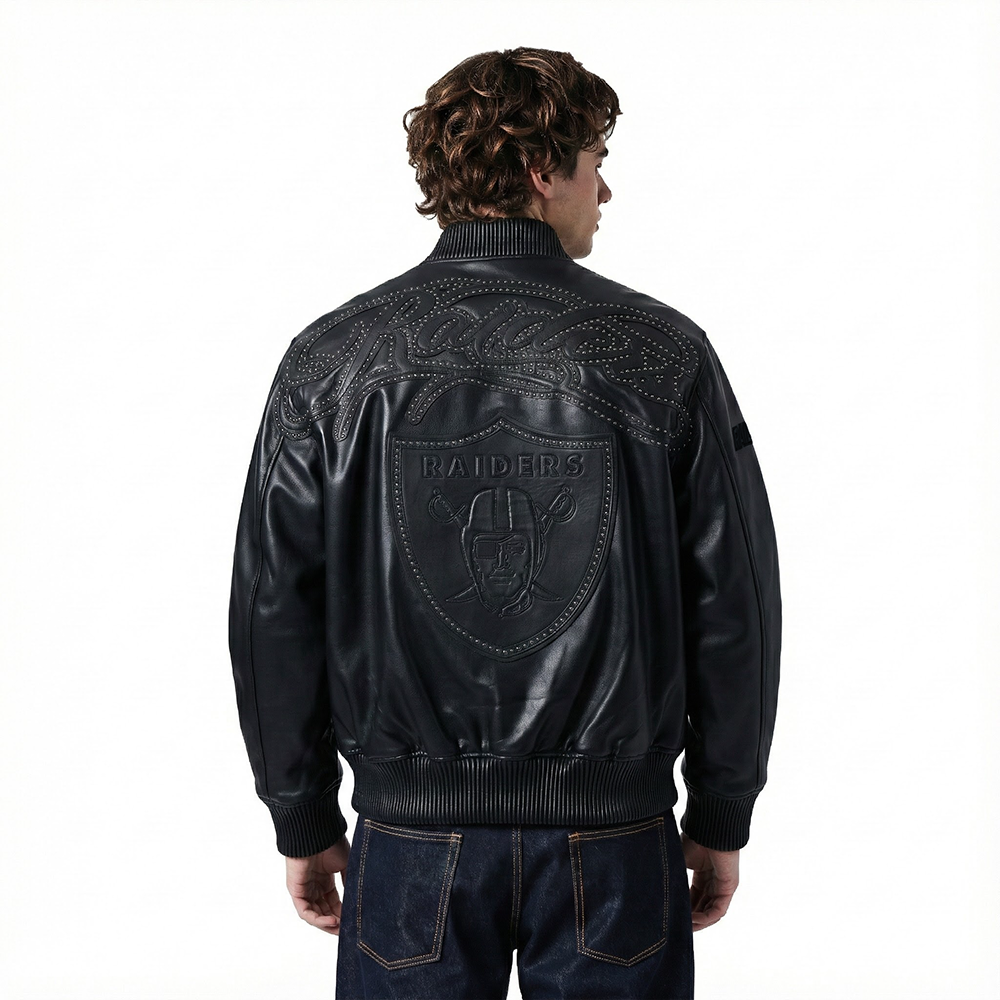NFL LAS VEGAS RAIDERS BLACKOUT MEN'S LEATHER VARSITY JACKET (JET BLACK)