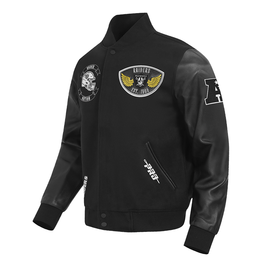 NFL LAS VEGAS RAIDERS BORN FOR SPORT MEN'S WOOL VARSITY JACKET (JET BLACK)