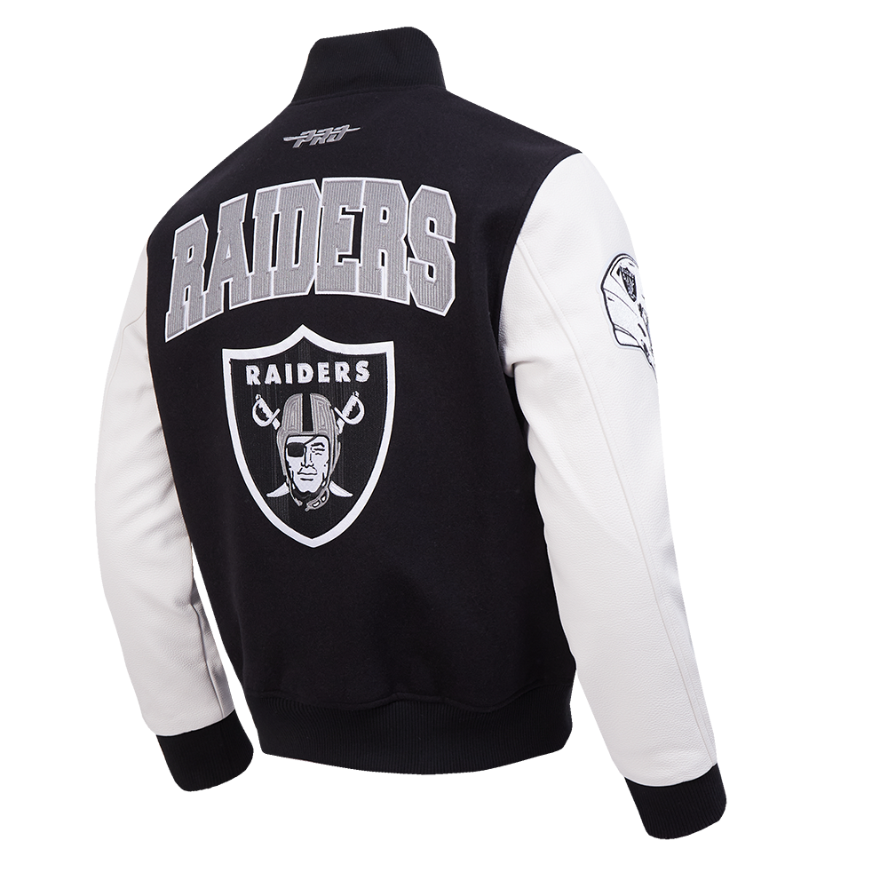 NFL LAS VEGAS RAIDERS CITY ARCH MEN'S WOOL VARSITY JACKET (BLACK/WHITE)