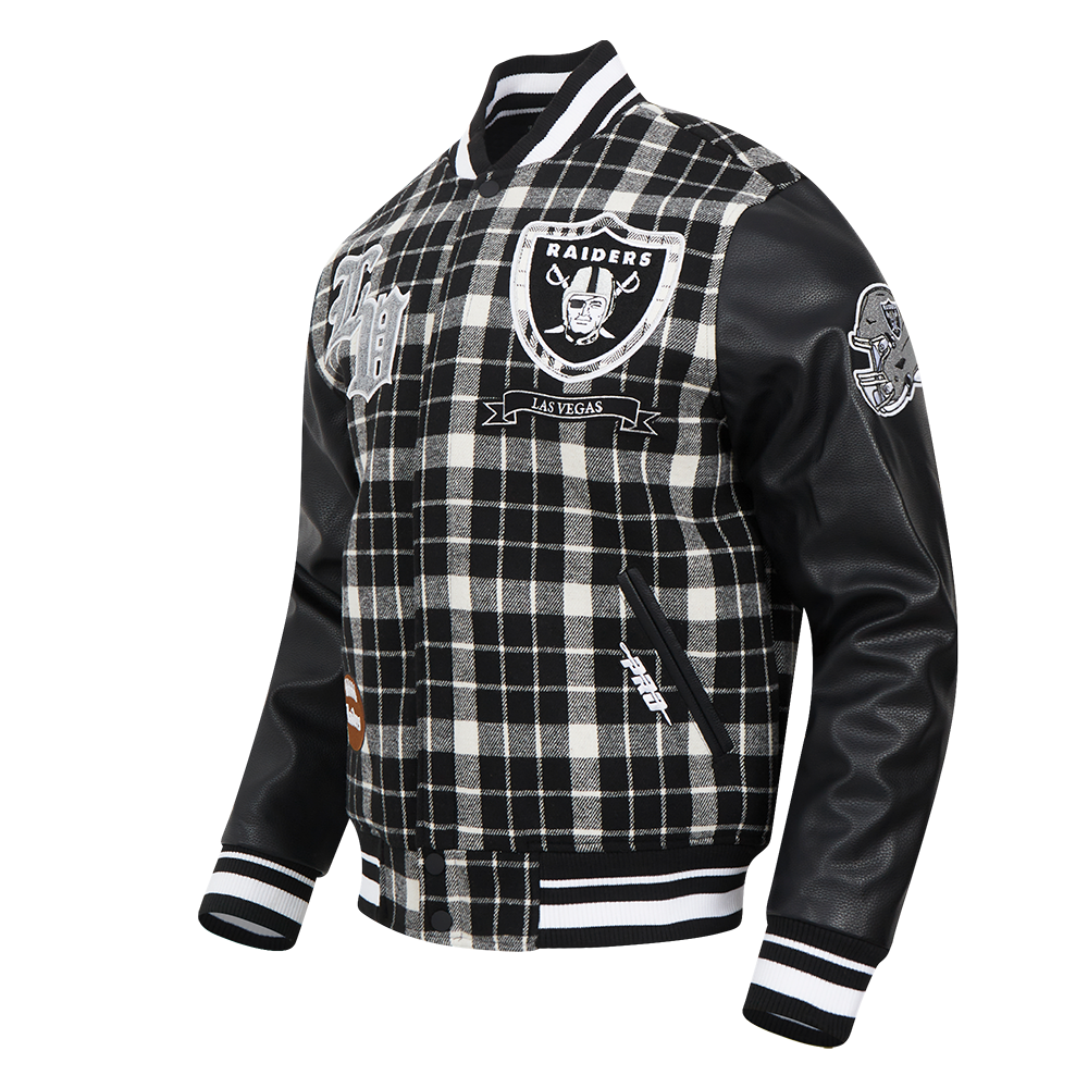 NFL LAS VEGAS RAIDERS PRO PREP PLAID WOOL VARSITY JACKET (WHITE/BLACK)