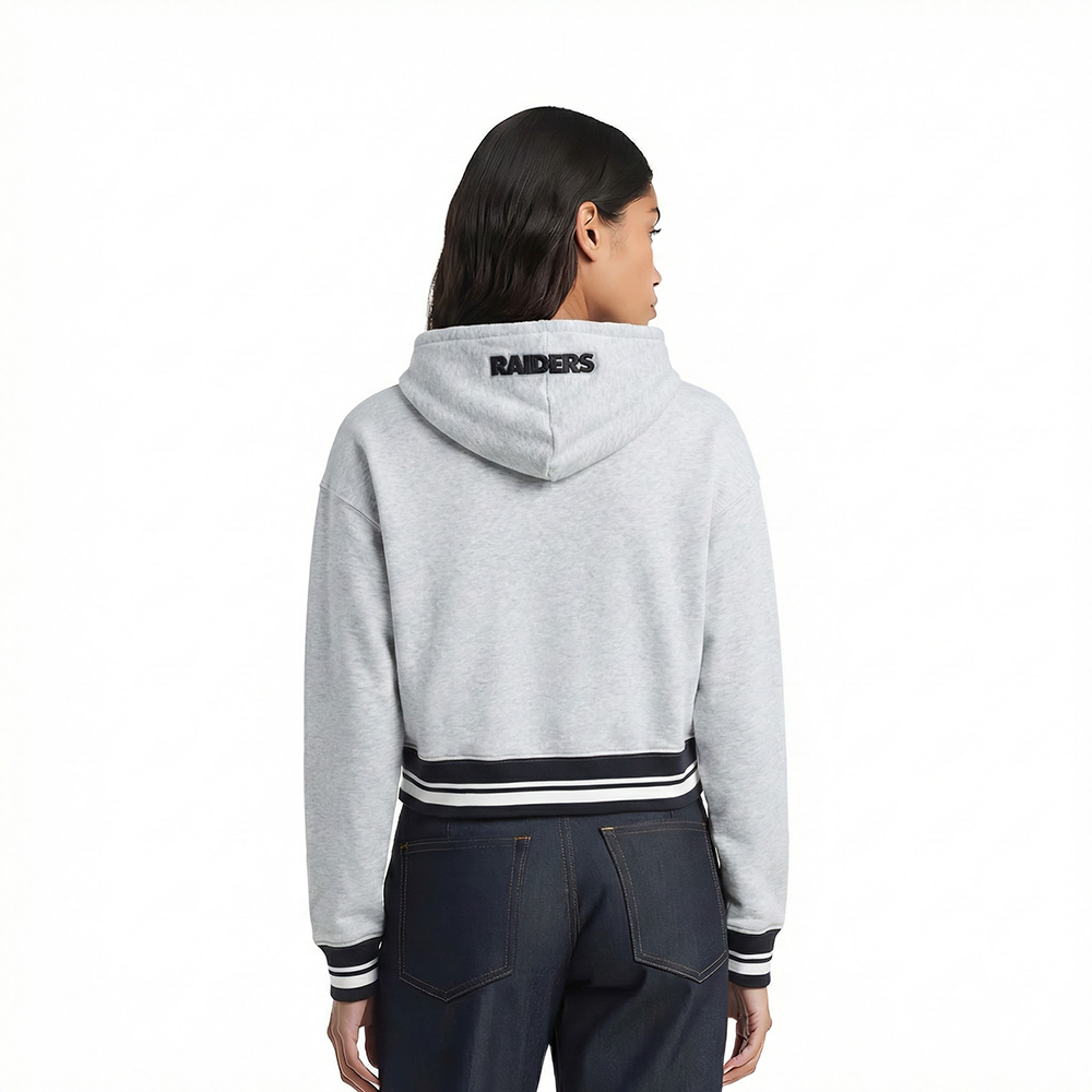 NFL LAS VEGAS RAIDERS SCRIPT TAIL WOMEN'S RIB FLEECE CROPPED PULLOVER HOODIE (HEATHER GRAY/BLACK)