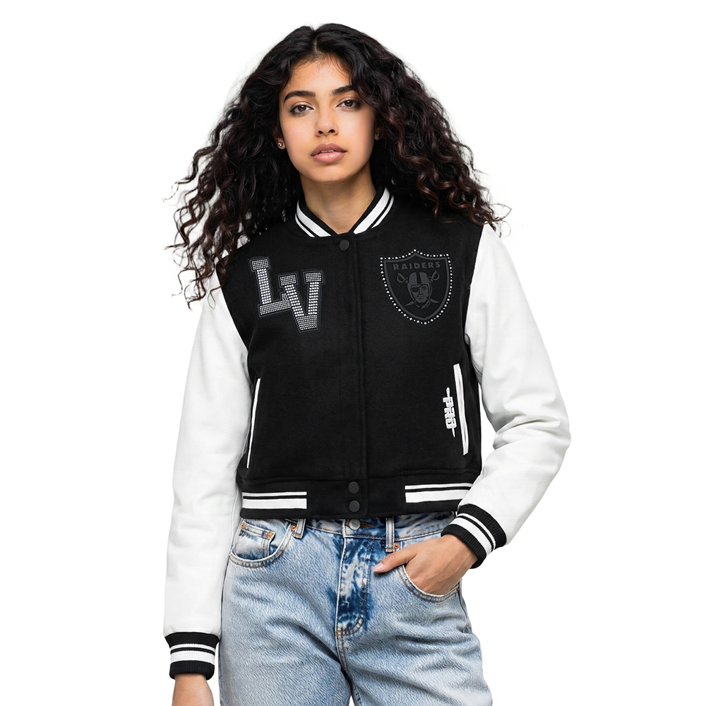 NFL LAS VEGAS RAIDERS RENEGADE WOMEN'S RIB CROPPED WOOL VARSITY JACKET (BLACK/WHITE)