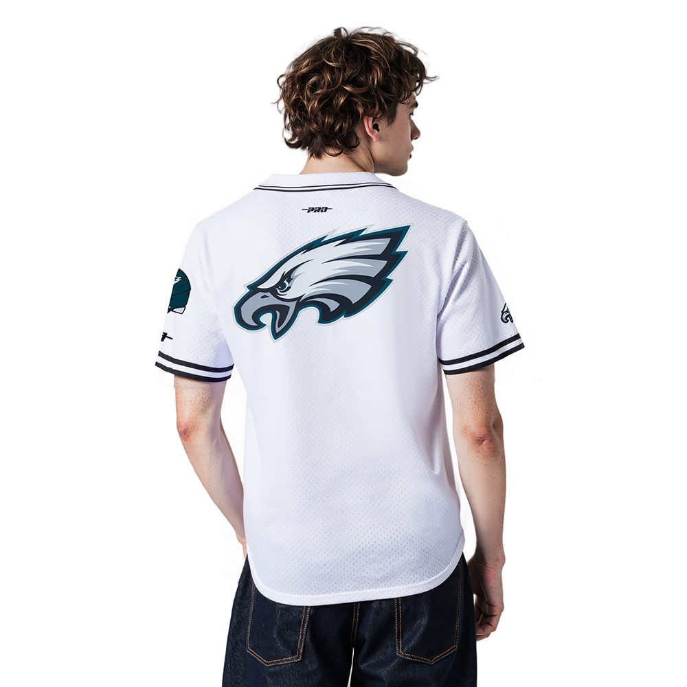 NFL PHILADELPHIA EAGLES JALEN HURTS #1 CLASSIC MESH PNN MEN'S MESH BUTTON DOWN SHIRT (WHITE/BLACK/WHITE)