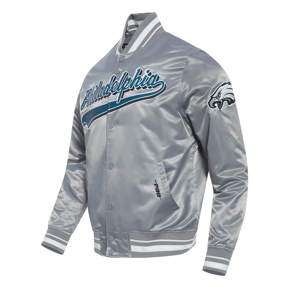 NFL PHILADELPHIA EAGLES SCRIPT TAIL MEN'S SATIN JACKET (GRAY)