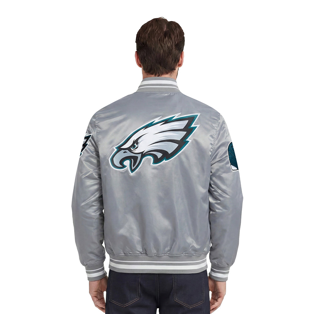 NFL PHILADELPHIA EAGLES SCRIPT TAIL MEN'S SATIN JACKET (GRAY)