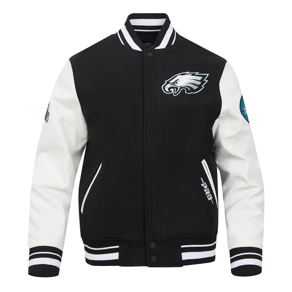 NFL PHILADELPHIA EAGLES OLD ENGLISH MEN'S RIB WOOL VARSITY JACKET (BLA ...