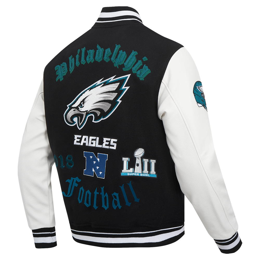 NFL PHILADELPHIA EAGLES OLD ENGLISH MEN'S RIB WOOL VARSITY JACKET (BLA ...