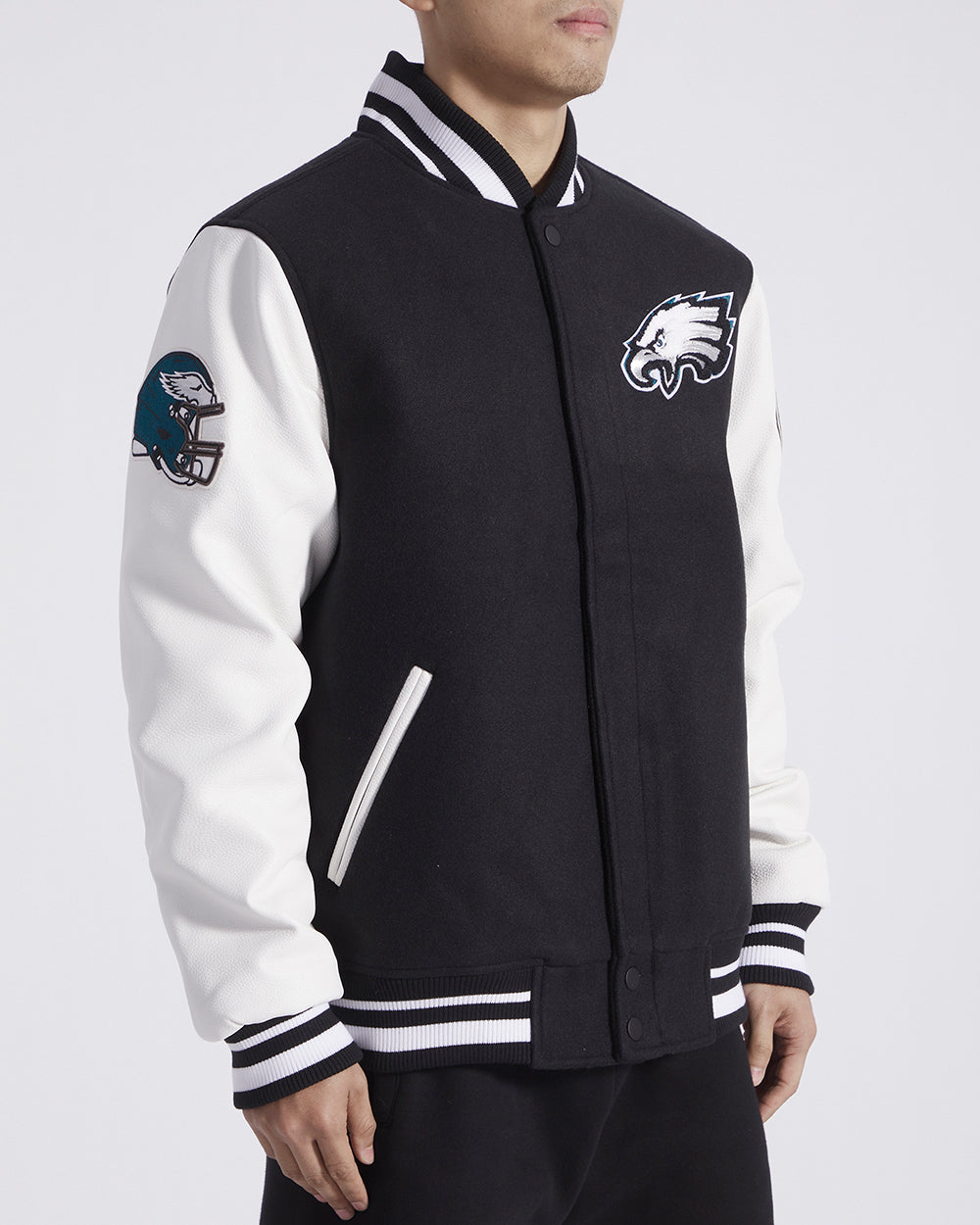 NFL PHILADELPHIA EAGLES OLD ENGLISH MEN'S RIB WOOL VARSITY JACKET (BLA ...