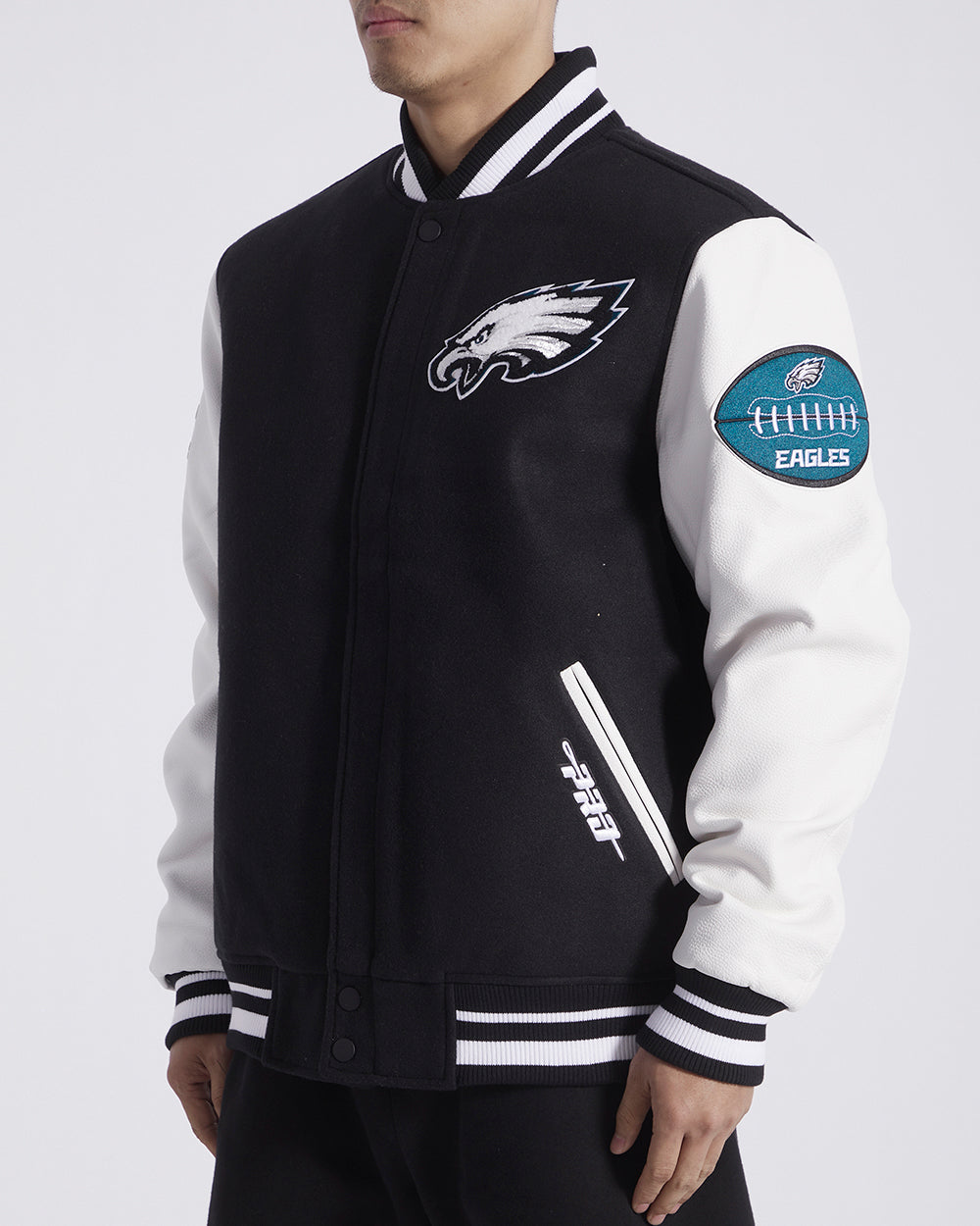 NFL PHILADELPHIA EAGLES OLD ENGLISH MEN'S RIB WOOL VARSITY JACKET (BLA ...
