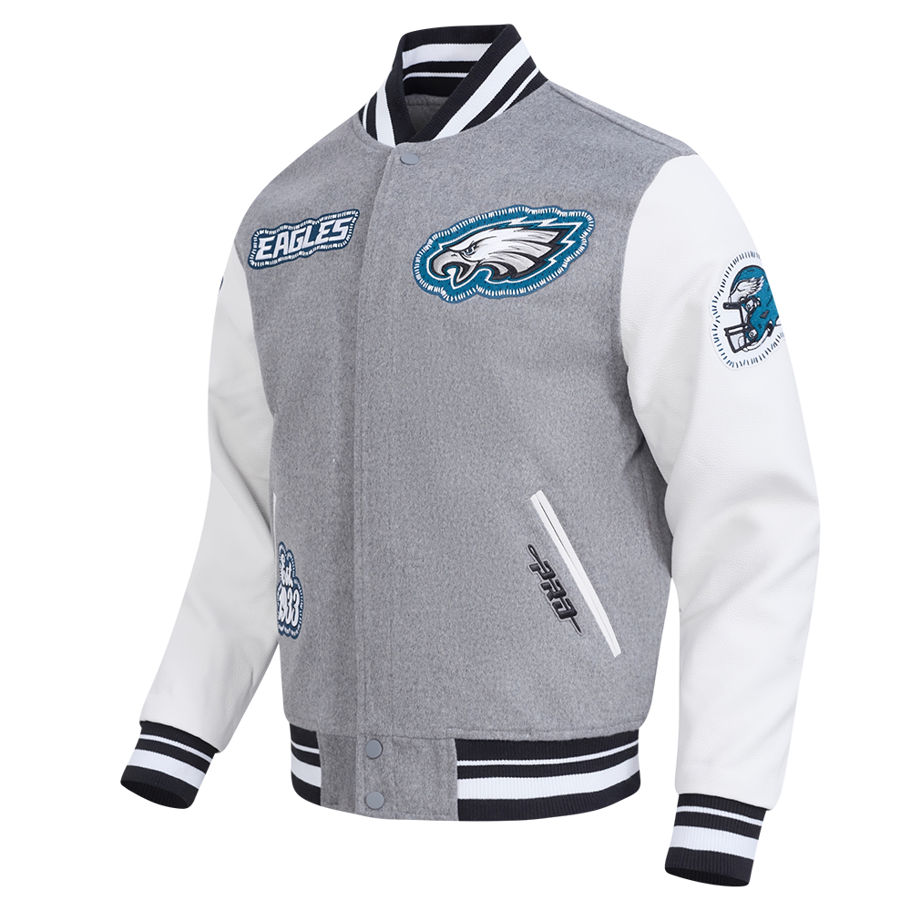NFL PHILADELPHIA EAGLES DIY PICK STITCH MEN'S RIB WOOL VARSITY JACKE (HEATHER GREY/WHITE/BLACK)