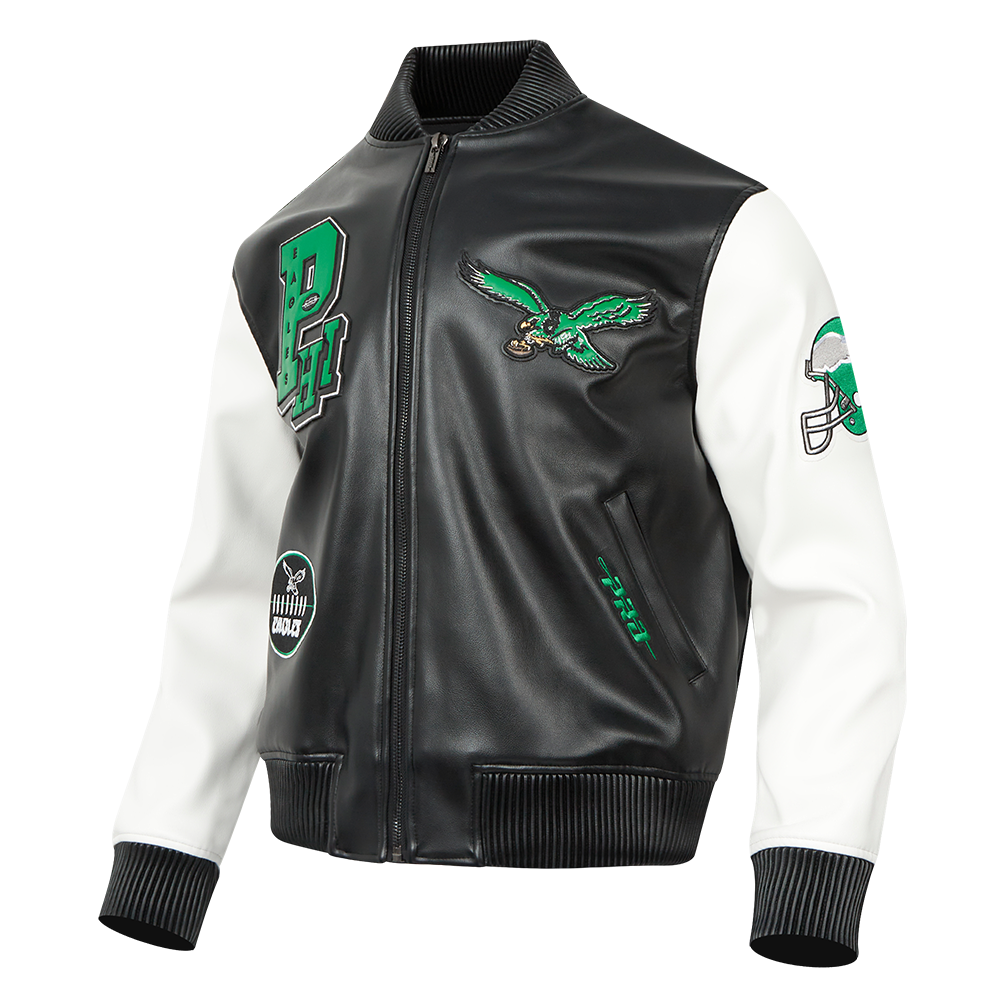 NFL PHILADELPHIA EAGLES BEST OF MEN'S RIB WOOL VARSITY JACKET (BLACK/GREEN)
