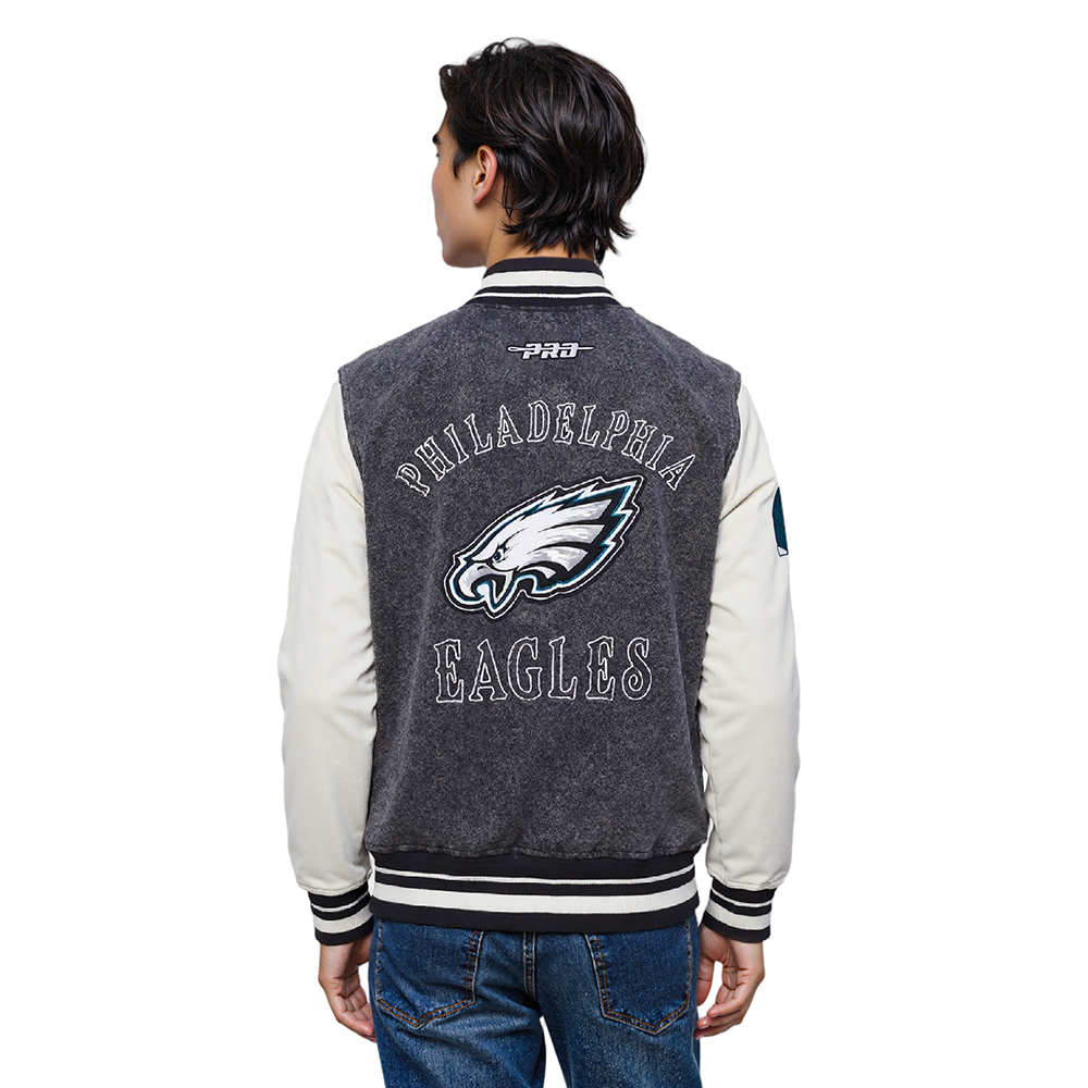 NFL PHILADELPHIA EAGLES REBEL ATHLETICS MEN'S DENIM VARSITY JACKET (WASHED BLACK/EGGSHELL)