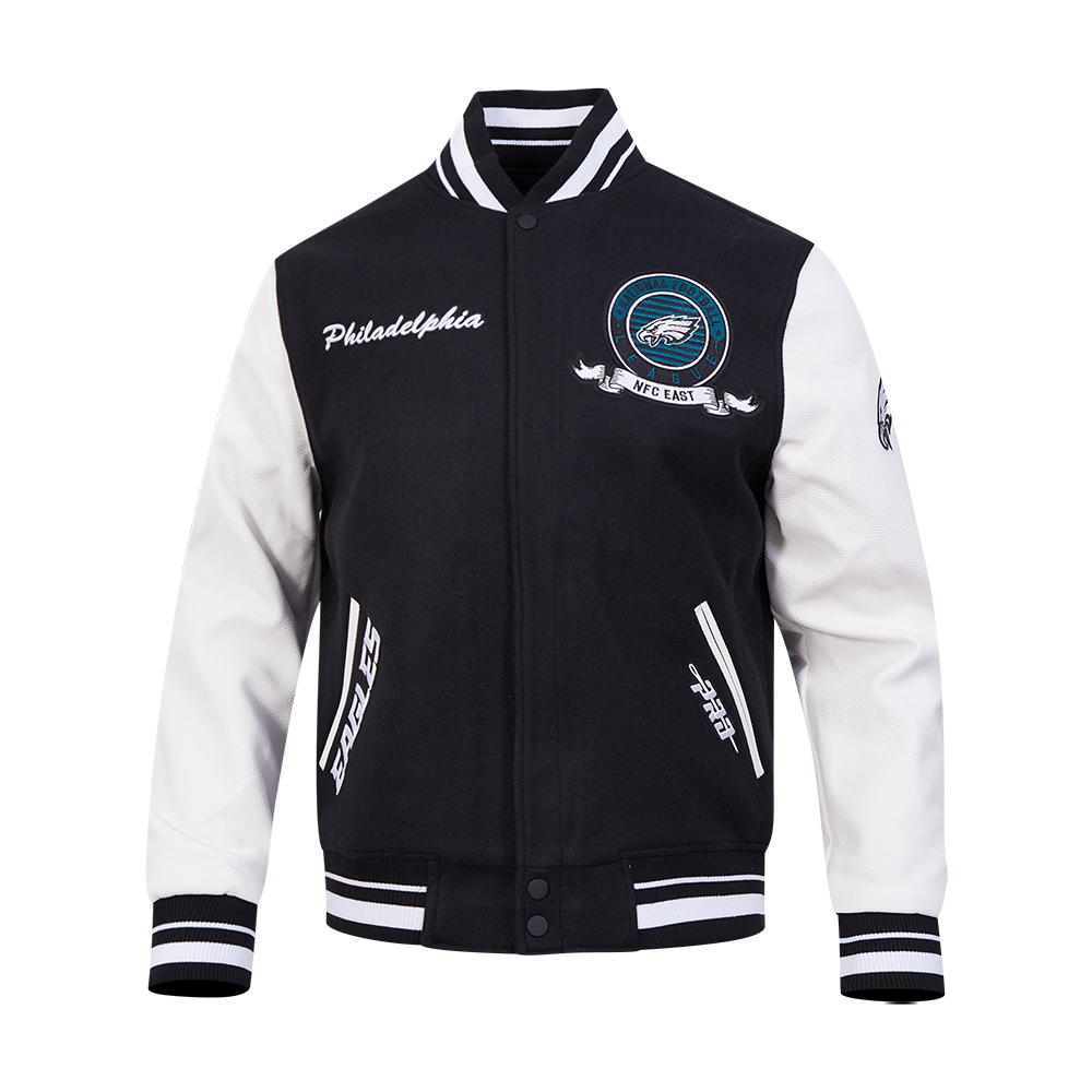 NFL PHILADELPHIA EAGLES TEAM BADGE MEN'S RIB WOOL VARSITY JACKET (BLAC ...