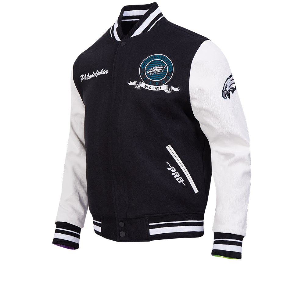 NFL PHILADELPHIA EAGLES TEAM BADGE MEN'S RIB WOOL VARSITY JACKET (BLACK/WHITE)