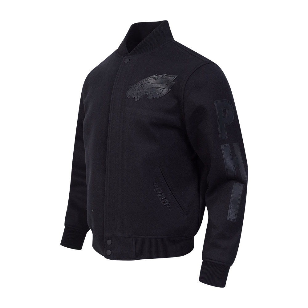 NFL PHILADELPHIA EAGLES WASHED VANGUARD MEN'S ALL WOOL VARSITY JACKET (BLACK)