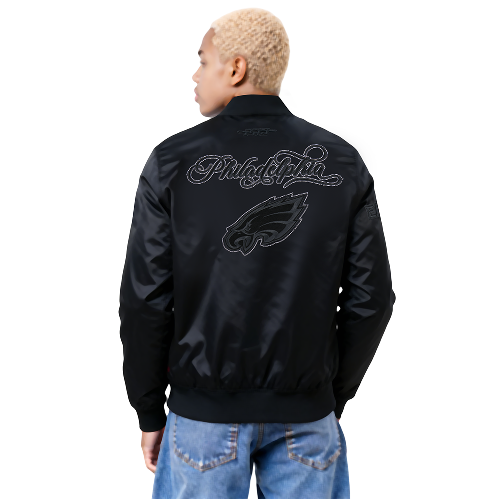NFL PHILADELPHIA EAGLES BLACKOUT MEN'S SATIN JACKET (BLACK)