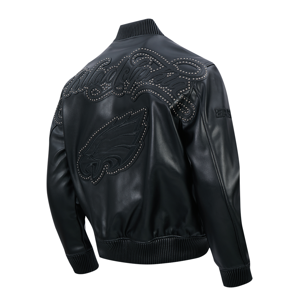 NFL PHILADELPHIA EAGLES BLACKOUT MEN'S LEATHER VARSITY JACKET (JET BLACK)