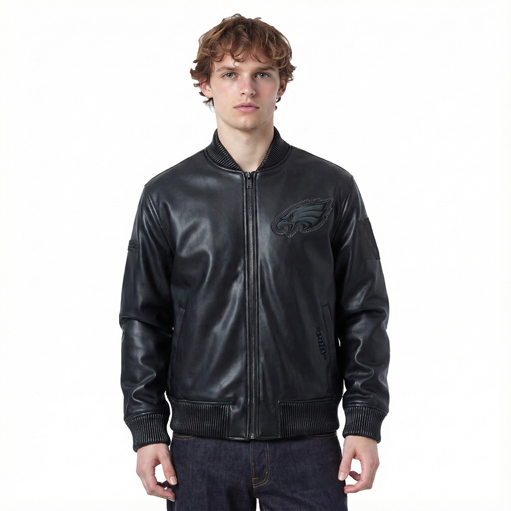 NFL PHILADELPHIA EAGLES BLACKOUT MEN'S LEATHER VARSITY JACKET (JET BLACK)