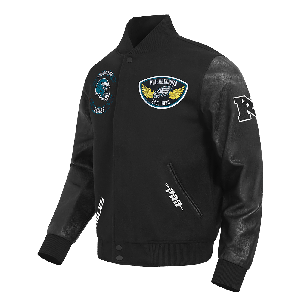 NFL PHILADELPHIA EAGLES BORN FOR SPORT MEN'S WOOL VARSITY JACKET (JET BLACK)