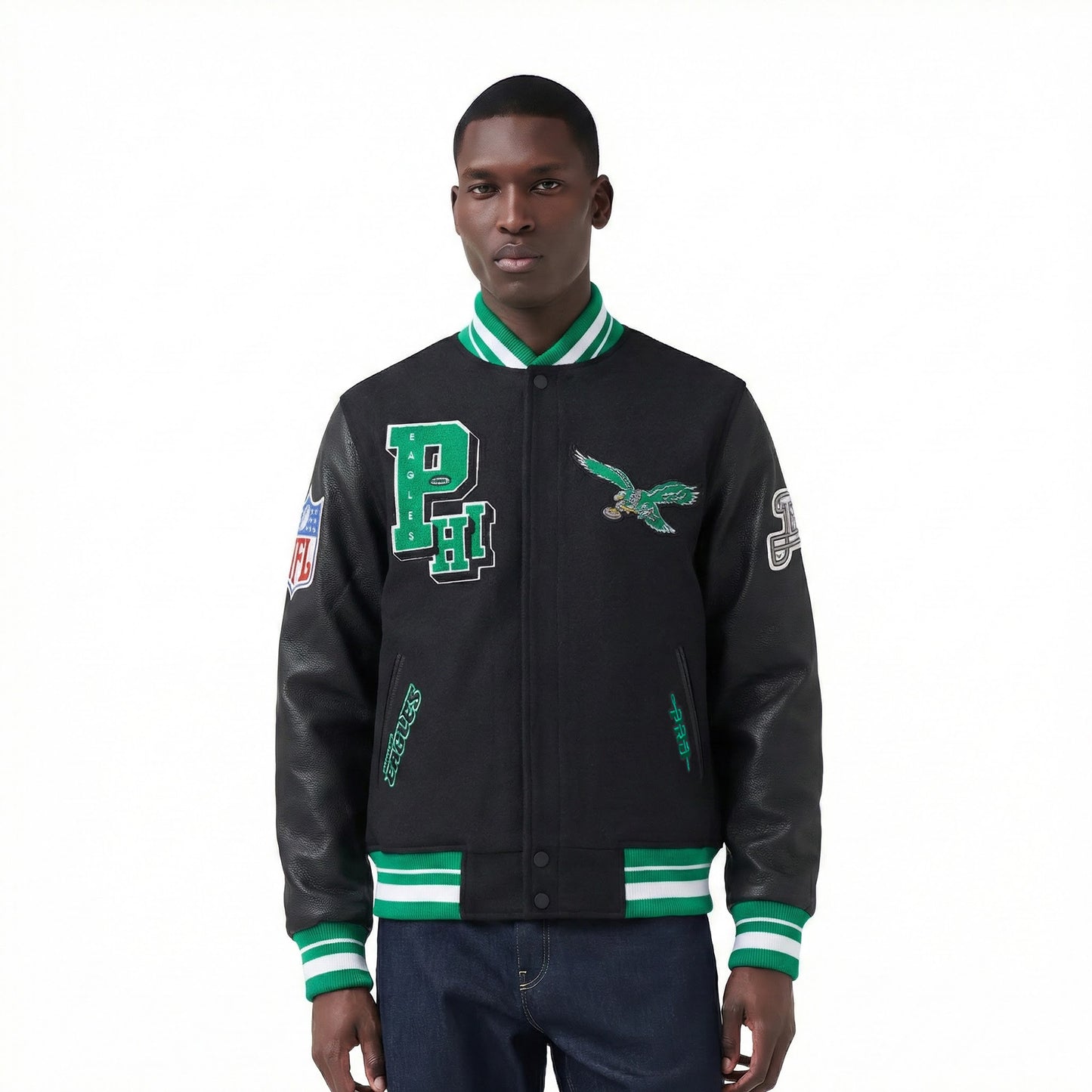 NFL PHILADELPHIA EAGLES BEST OF MEN'S RIB WOOL VARSITY JACKET (BLACK/GREEN)