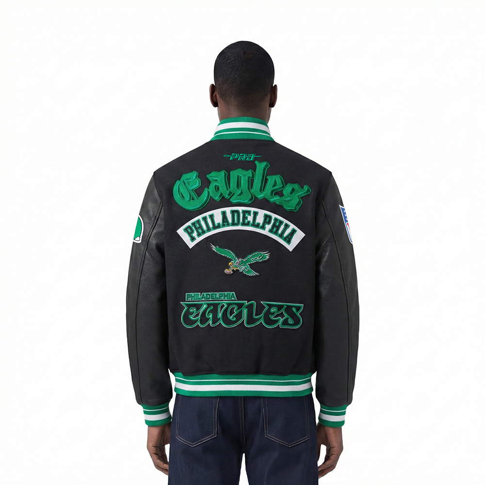 NFL PHILADELPHIA EAGLES BEST OF MEN'S RIB WOOL VARSITY JACKET (BLACK/GREEN)