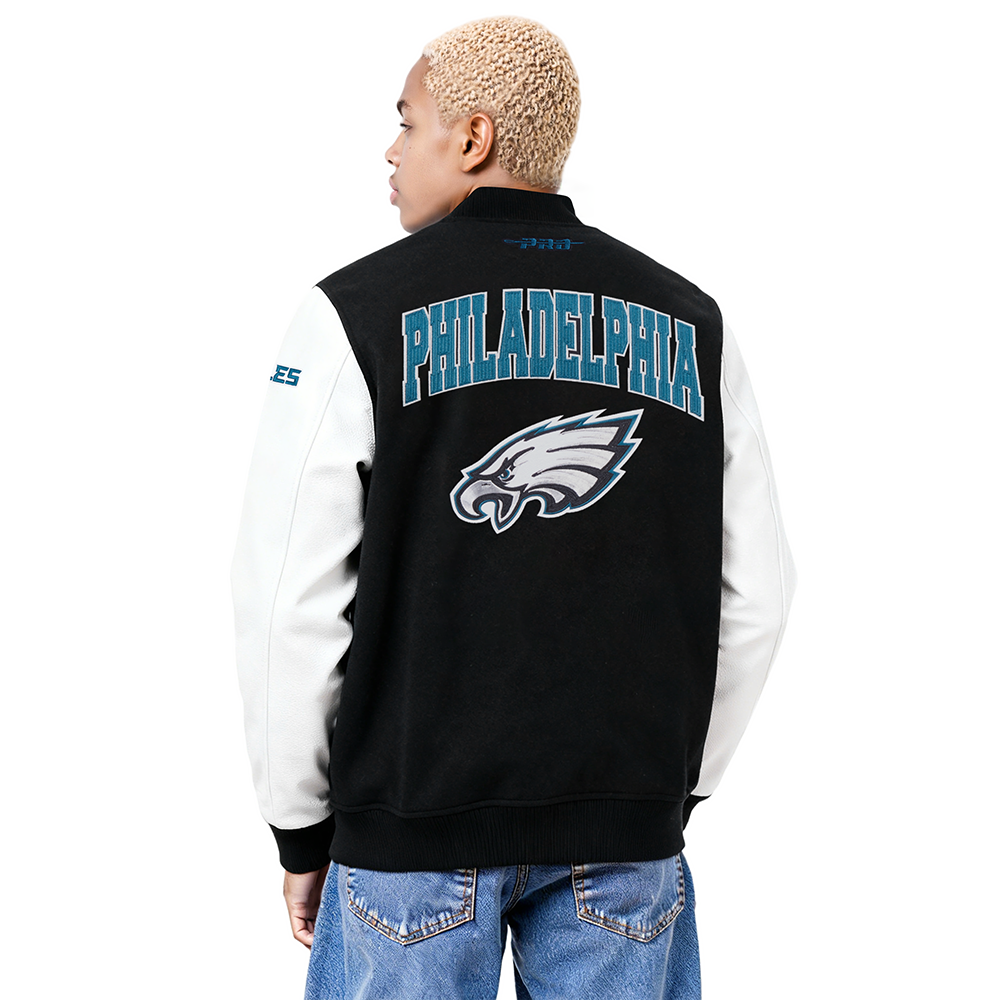 NFL PHILADELPHIA EAGLES CITY ARCH MEN'S WOOL VARSITY JACKET (BLACK/WHITE)