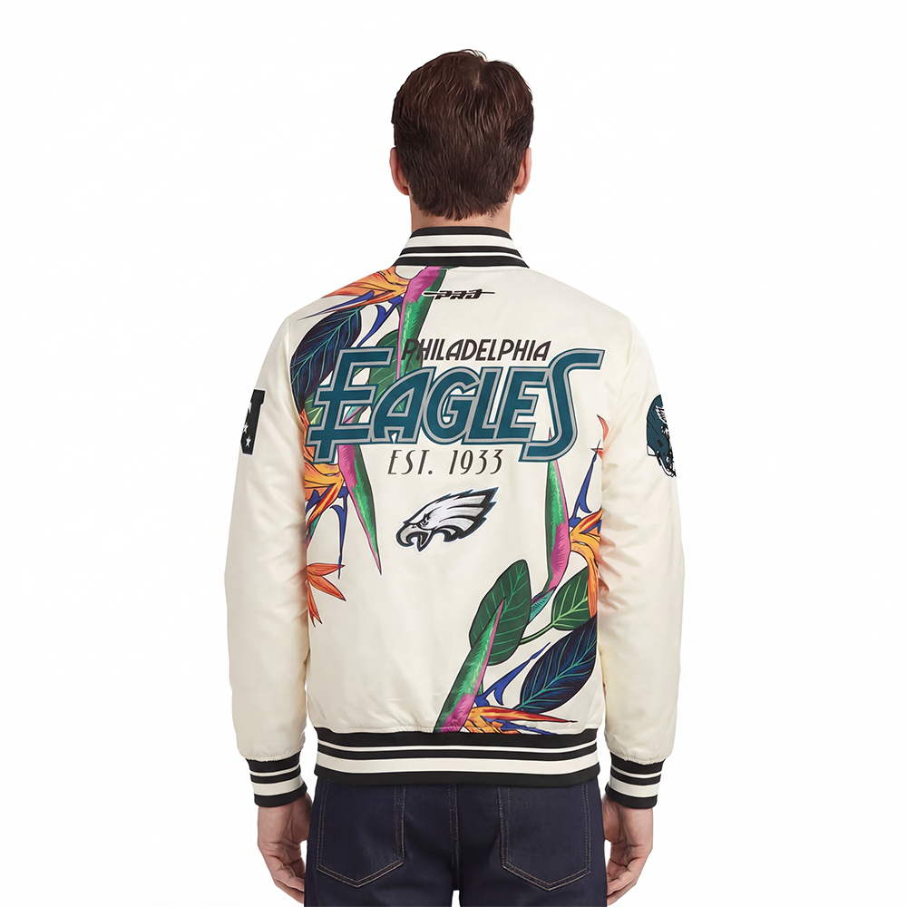 NFL PHILADELPHIA EAGLES PARADISE MEN'S SATIN JACKET (EGGSHELL/ BLACK)