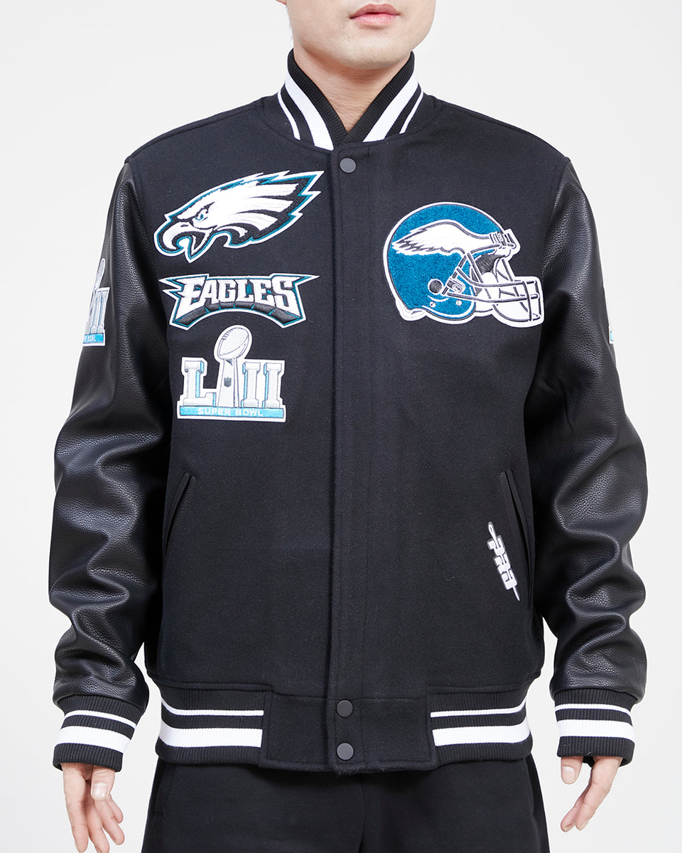 NFL PHILADELPHIA EAGLES MASHUP WOOL MEN'S VARSITY JACKET (BLACK) – Pro ...