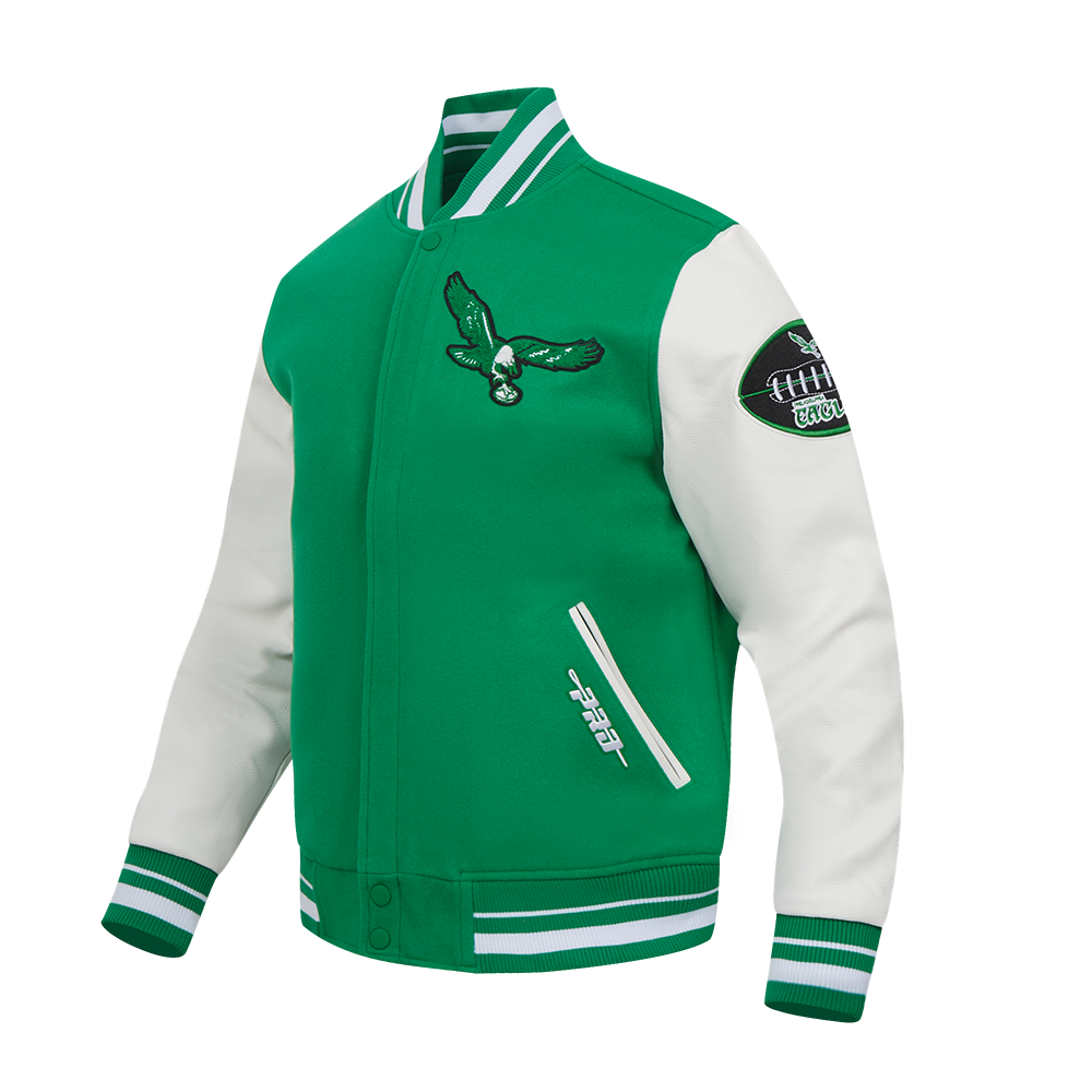 NFL PHILADELPHIA EAGLES RETRO OLD ENGLISH MEN'S WOOL VARSITY JACKET (KELLY GREEN/ WHITE)