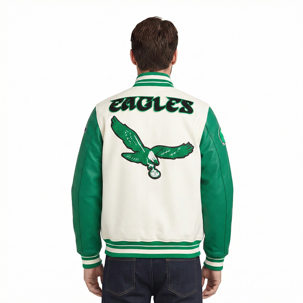 NFL PHILADELPHIA EAGLES RETRO CLASSIC MEN'S RIB WOOL VARSITY JACKET (EGGSHELL/ KELLY GREEN)