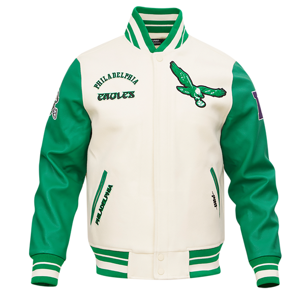 Classic Retro Philadelphia Eagles Cream and Green Varsity Jacket