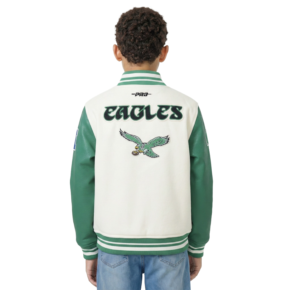 NFL PHILADELPHIA EAGLES RETRO CLASSICS BIG BOY'S RIB WOOL VARSITY JACKE (EGGSHELL/ KELLY GREEN)