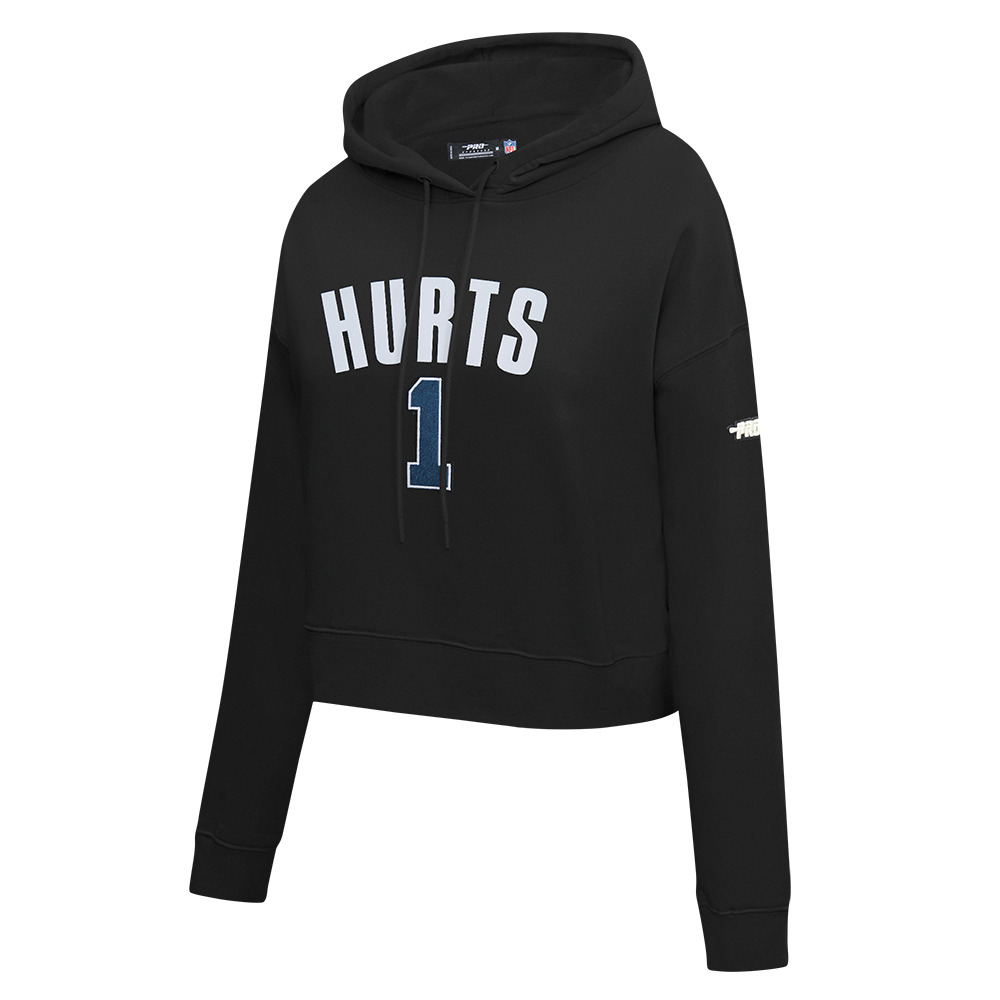 NFL PHILADELPHIA EAGLES JALEN HURTS #1 CLASSIC PNN WOMEN'S FLC CROPPED PO HOODIE (BLACK)