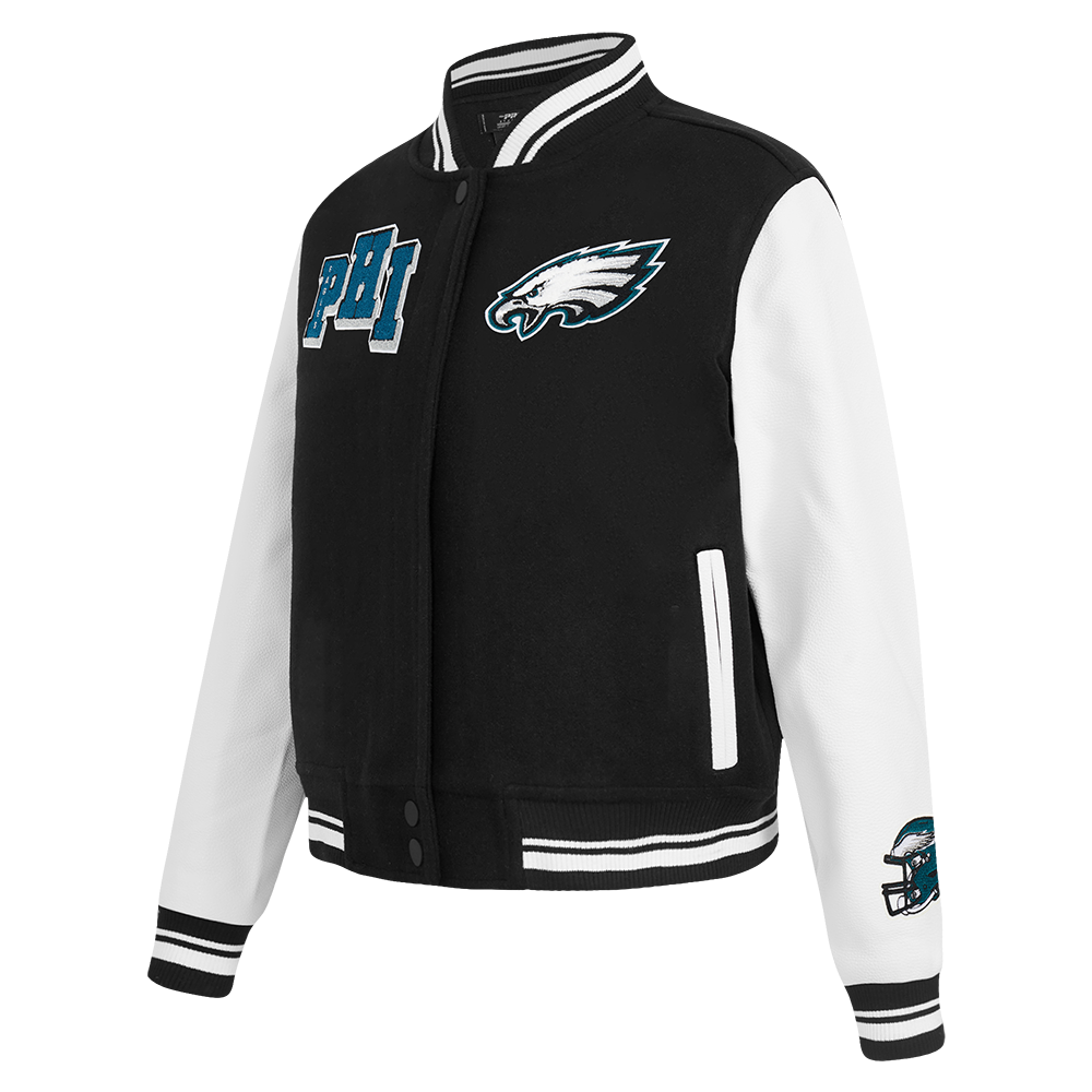 NFL PHILADELPHIA EAGLES MASHUP WOMEN'S RIB WOOL VARSITY JACKET (BLACK/WHITE)
