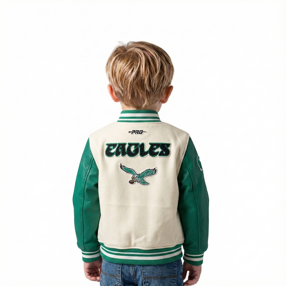 NFL PHILADELPHIA EAGLES RETRO CLASSICS TODDLER BOY'S RIB WOOL VARSITY JACKE (EGGSHELL/ KELLY GREEN)