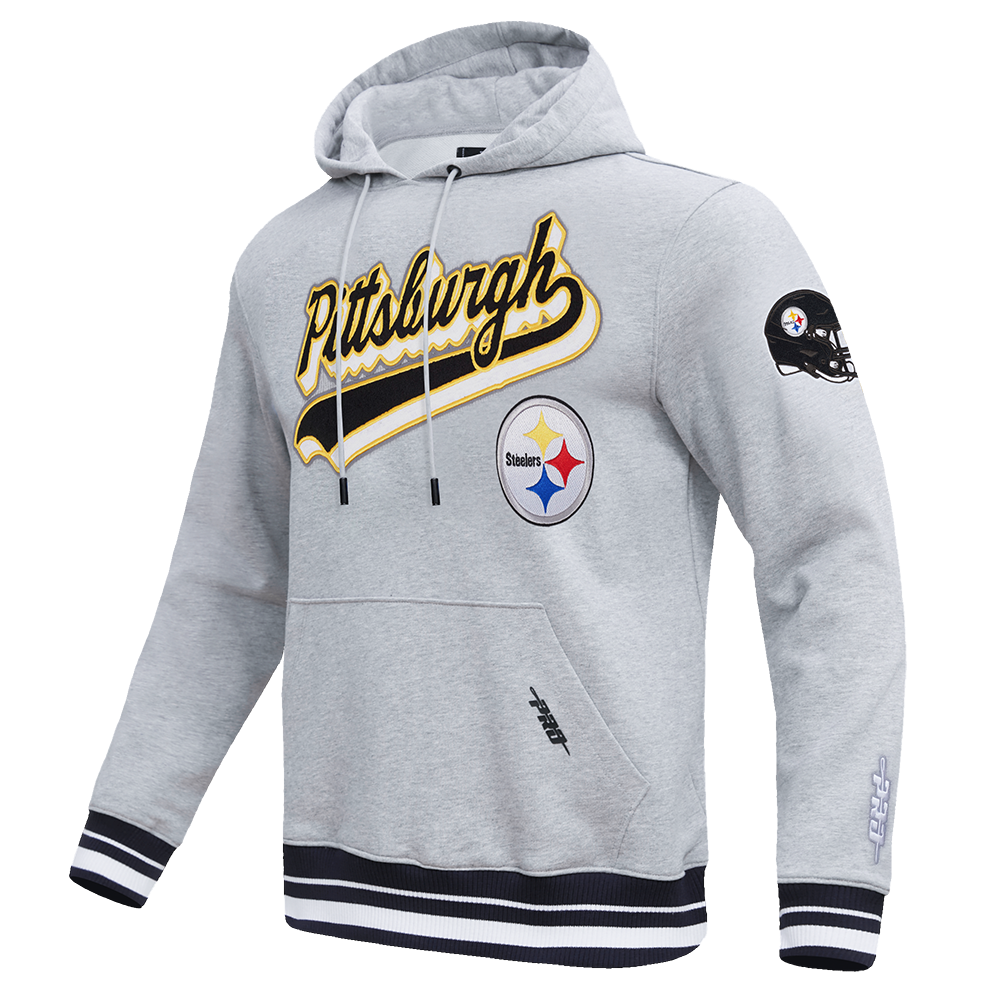 NFL PITTSBURGH STEELERS SCRIPT TAIL MEN'S RIB FLC PO HOODIE (HEATHER GRAY/BLACK)