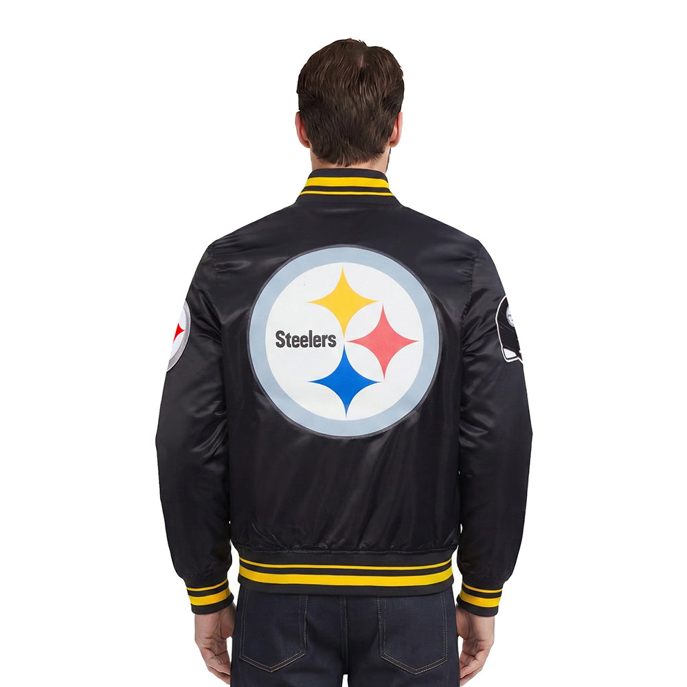 NFL PITTSBURGH STEELERS SCRIPT TAIL MEN'S SATIN JACKET (BLACK/YELLOW)