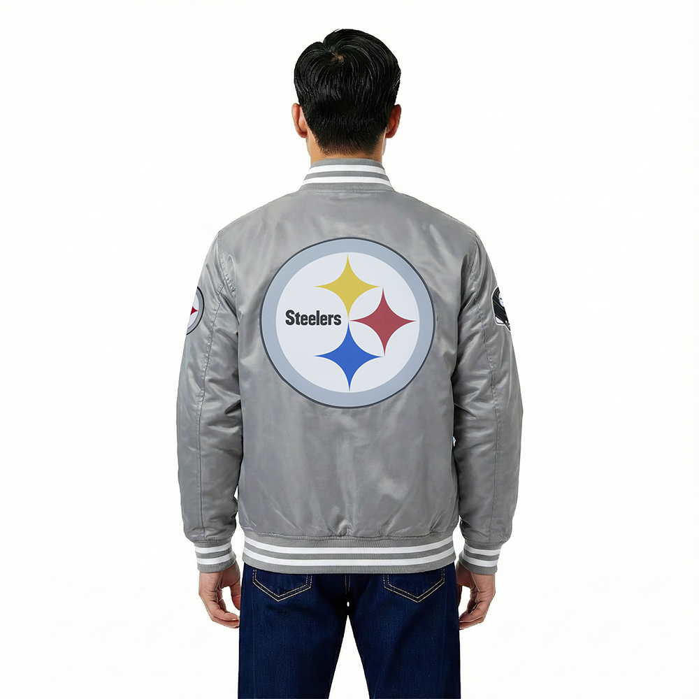 NFL PITTSBURGH STEELERS SCRIPT TAIL MEN'S SATIN JACKET (GRAY)