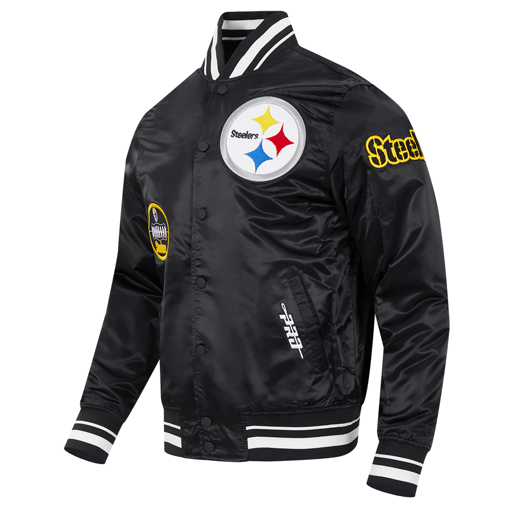 NFL PITTSBURGH STEELERS OLD ENGLISH MEN'S RIB SATIN JACKET (BLACK)