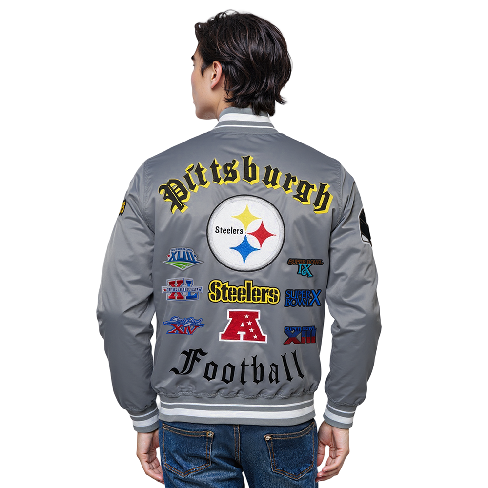 NFL PITTSBURGH STEELERS OLD ENGLISH MEN'S RIB SATIN JACKET (GRAY)